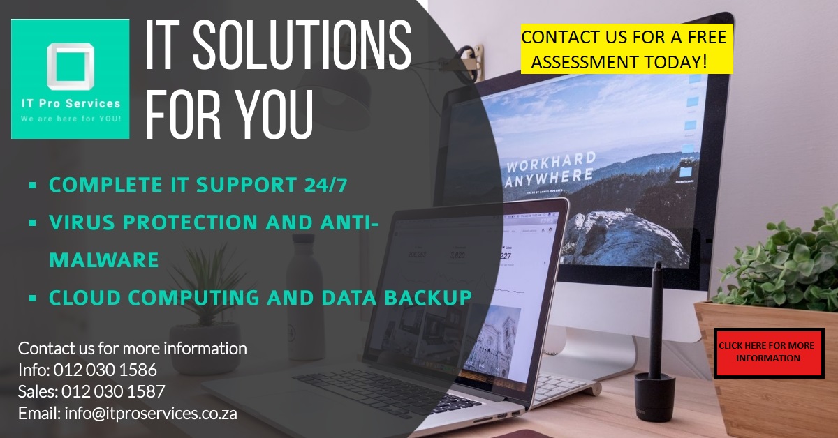 IT Pro Services Meeting all your IT needs in one package! We also have 24/7 packages and month-to-month packages you can choose from. Click on the link to see more details and pricing : https://www.itproservices.co.za/pricing